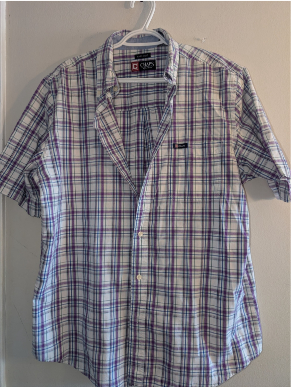 Chaps Casual Button Down Shirt L White Purple Plaid, Mens